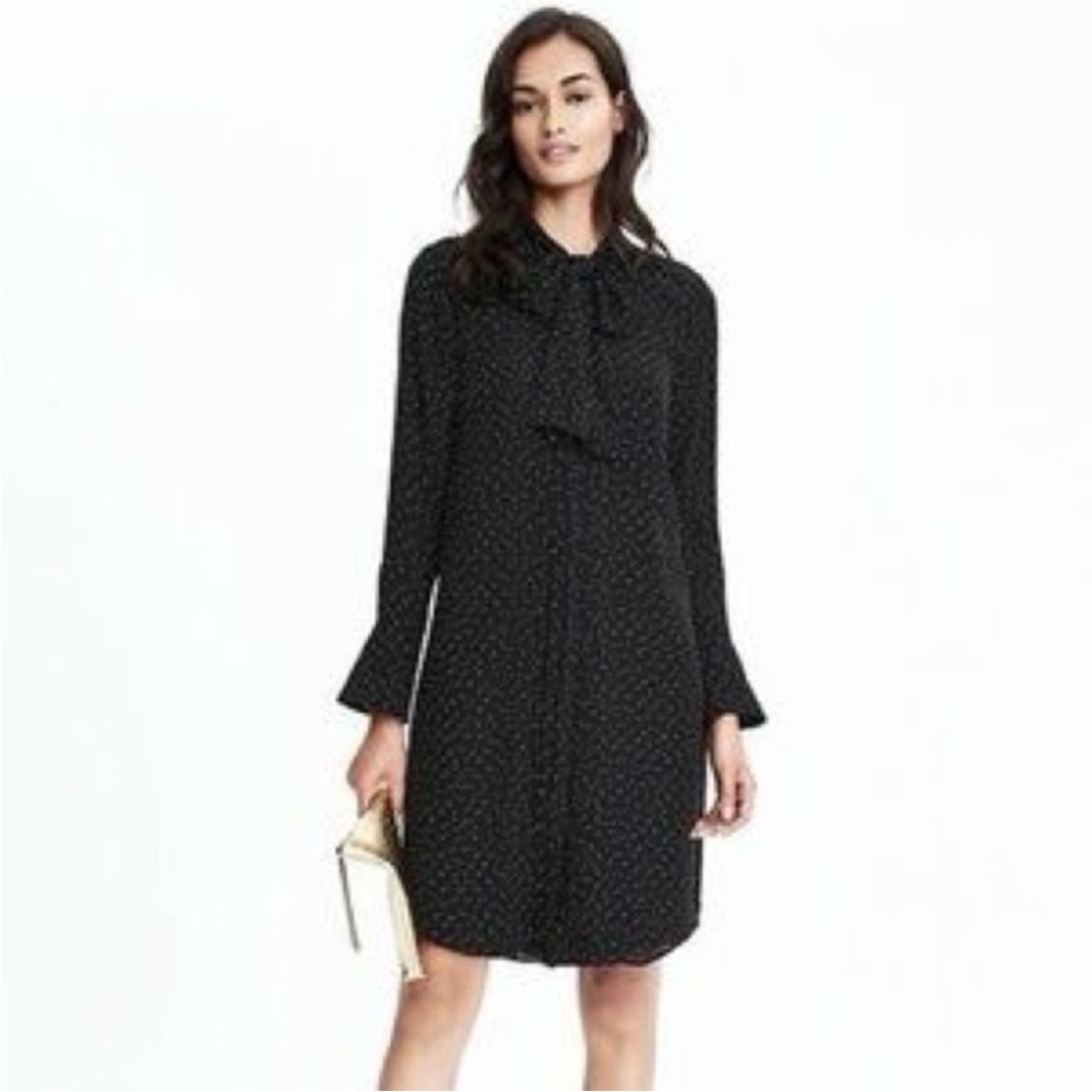 Banana Republic Black Long-Sleeve Tie-Neck Dress with Polka Dots Size S NWOT - Picture 2 of 6